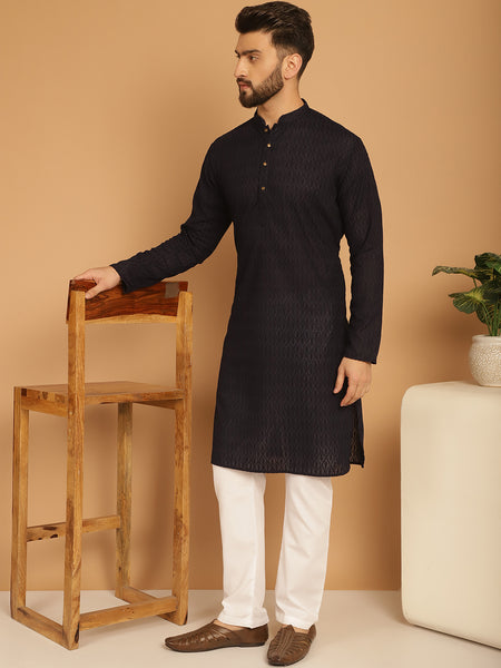 Designer Black Chikankari Embroidered Kurta Pajama Set by Luxury at Less