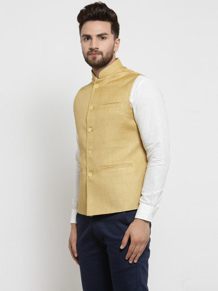 Men Mustard Yellow Solid Nehru Jacket By Luxury at Less