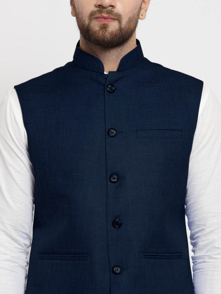Men Dark Blue Solid Nehru Jacket By Luxury at Less