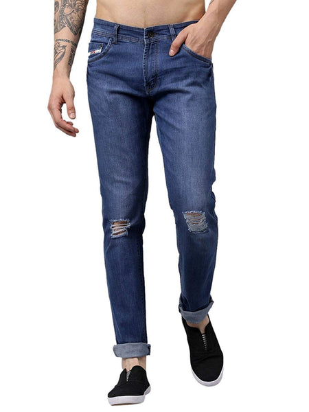 Men Blue Slim Fit Mid-Rise Slash Knee Stretchable Jeans