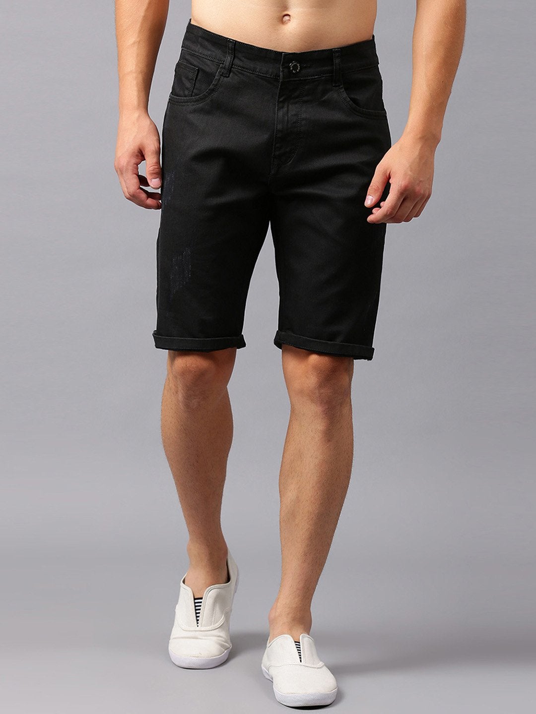 Men Black Solid Slim Fit Denim Shorts