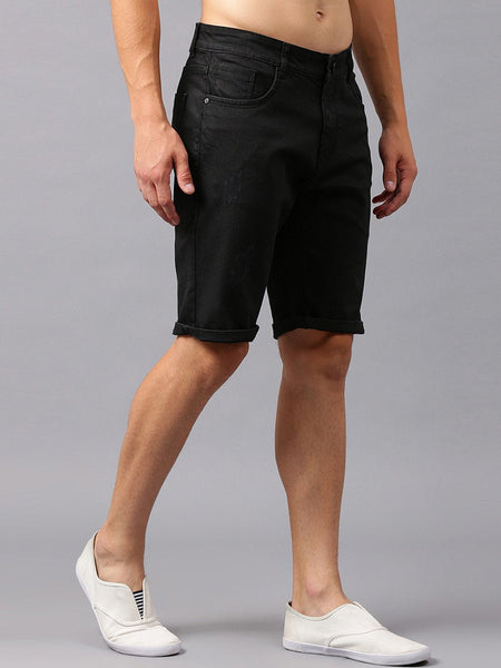 Men Black Solid Slim Fit Denim Shorts