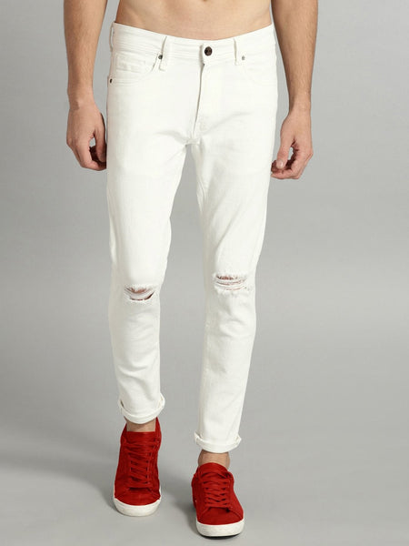Men Off-White Regular Fit Mid-Rise Slash Knee Stretchable Jeans