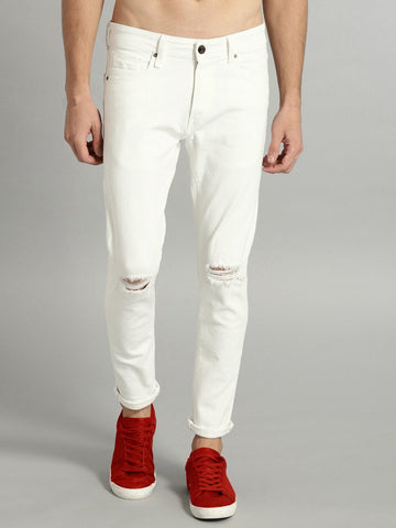Men Off-White Regular Fit Mid-Rise Slash Knee Stretchable Jeans