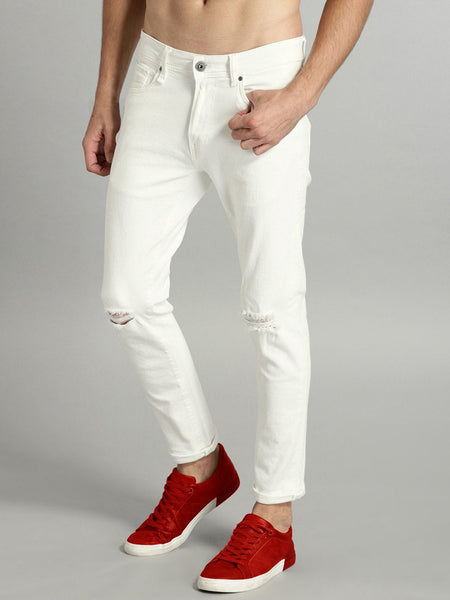 Men Off-White Regular Fit Mid-Rise Slash Knee Stretchable Jeans