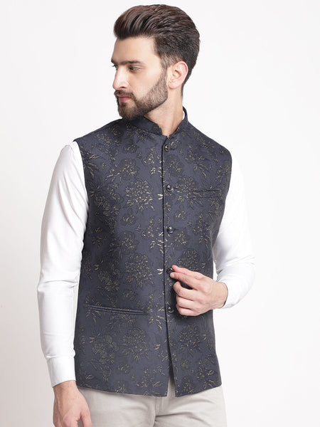 Blue Jacquard  Brocade Silk Nehru Jacket By Luxury at Less