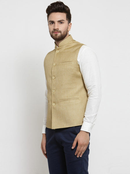 Men Beige Solid Nehru Jacket By Luxury at Less