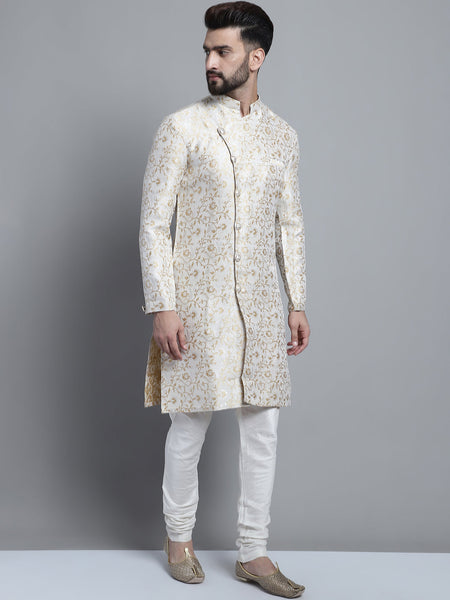 Designer White Golden Brocade Silk Sherwani Set by Luxury at Less