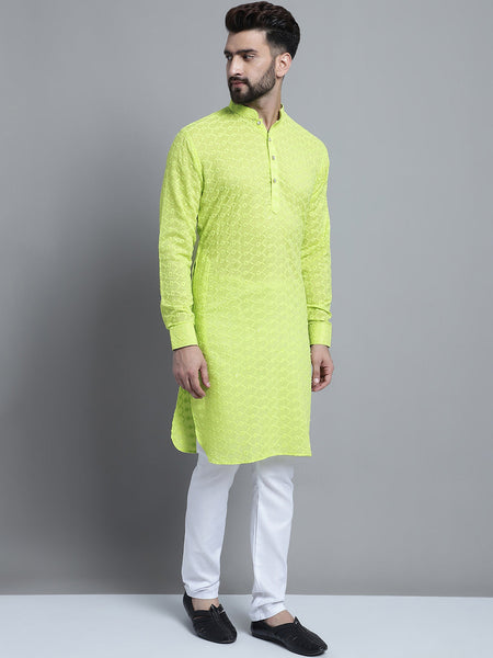 Lime Green Chikankari Embroidery Cotton Kurta Pajama Set by Luxury at Less