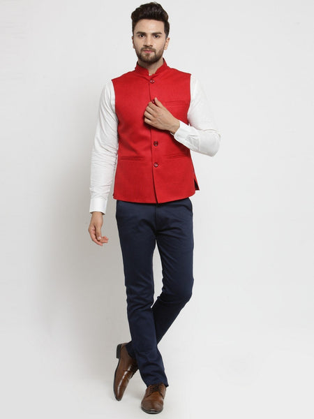 Men Red Solid Nehru Jacket By Luxury at Less