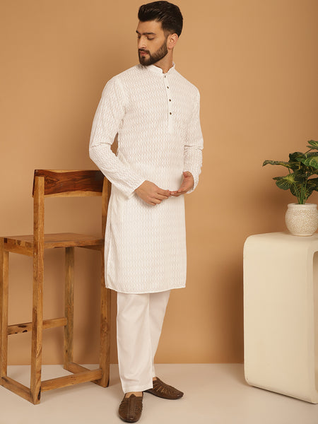 Designer White Chikankari Embroidered Kurta Pajama Set by Luxury at Less