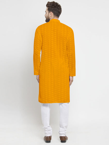 Mustard Yellow Cotton Chikankari Lucknowi Jaal Embroidered Kurta with Churidar Pajama For Men by Luxury at Less