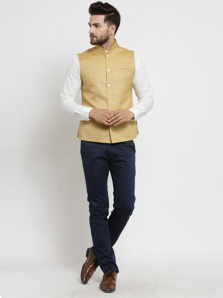 Men Mustard Yellow Solid Nehru Jacket By Luxury at Less