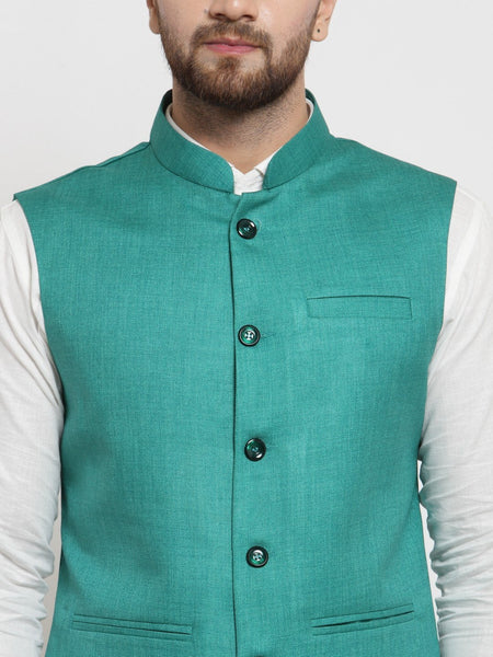Men Green Solid Nehru Jacket By Luxury at Less