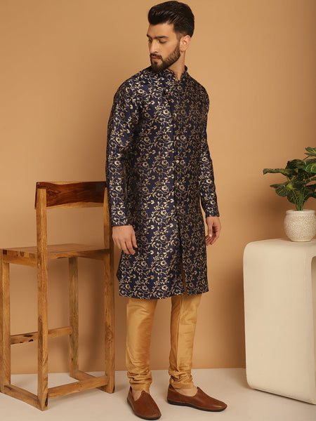 Designer Blue Golden Brocade Silk Sherwani Set by Luxury at Less