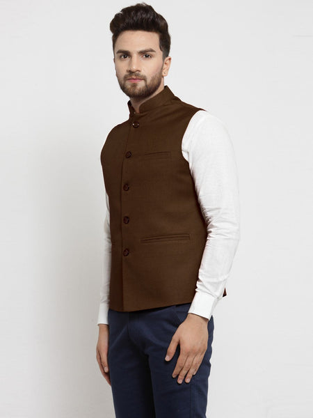 Men Chocolate Brown Solid Nehru Jacket By Luxury at Less
