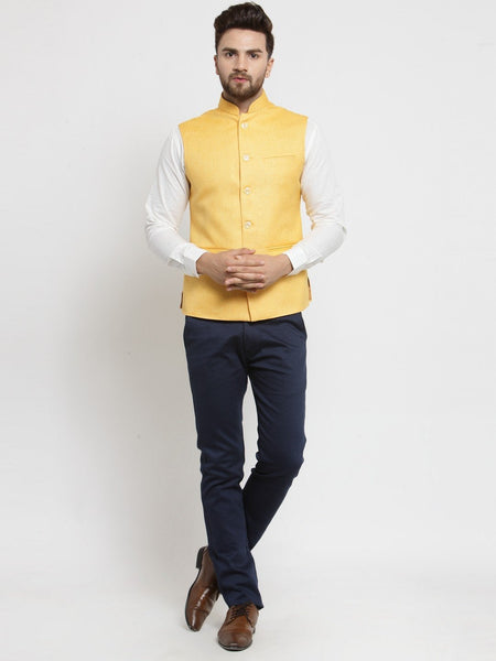 Men Yellow Solid Nehru Jacket By Luxury at Less