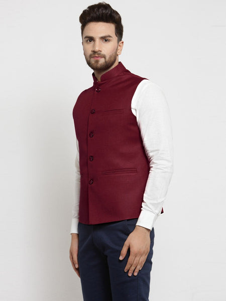 Men Maroon Solid Nehru Jacket By Luxury at Less