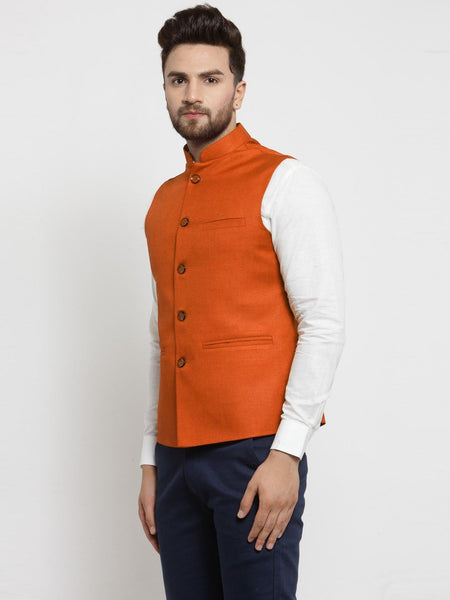 Men Orange Solid Nehru Jacket By Luxury at Less