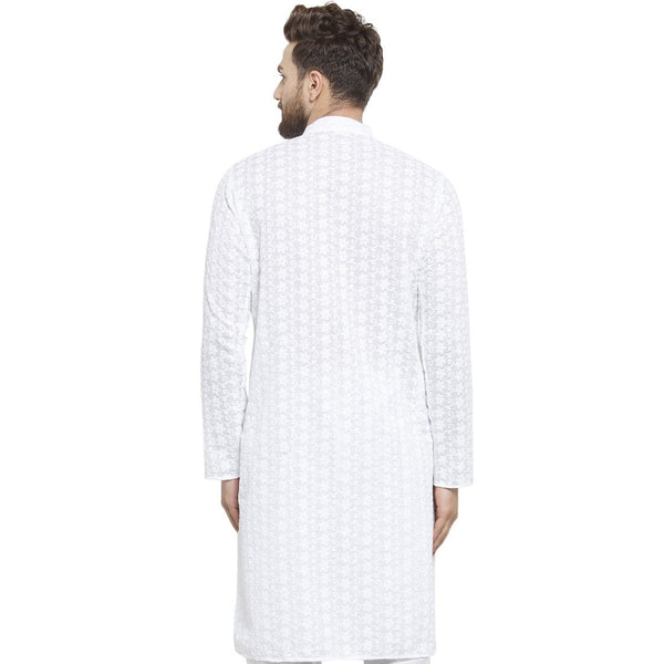 White Cotton Chikankari Lucknowi Jaal Embroidered Kurta By Luxury at Less