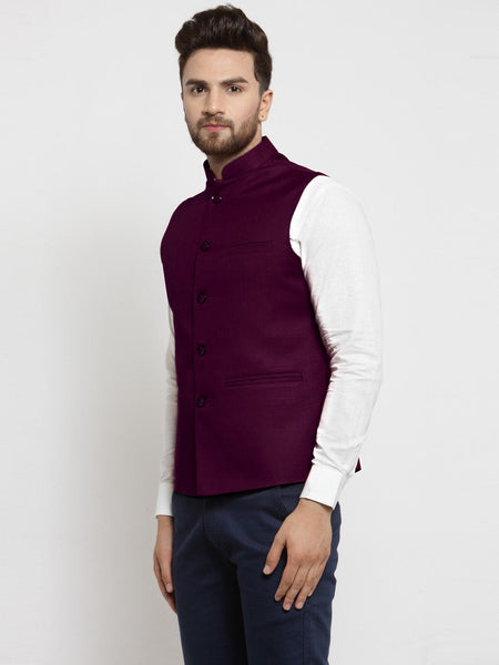 Men Purple Solid Nehru Jacket By Luxury at Less
