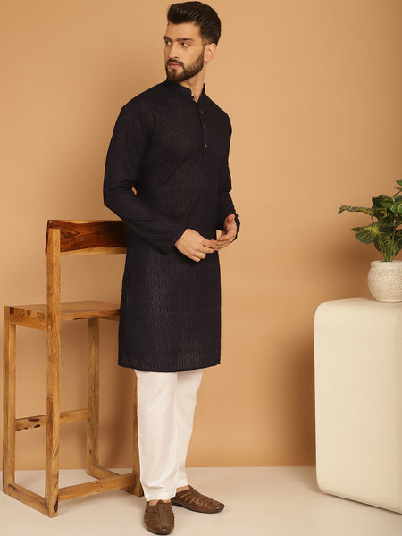 Designer Black Chikankari Embroidered Kurta Pajama Set by Luxury at Less
