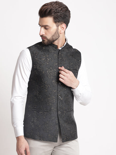 Black Jacquard  Brocade Silk Nehru Jacket By Luxury at Less