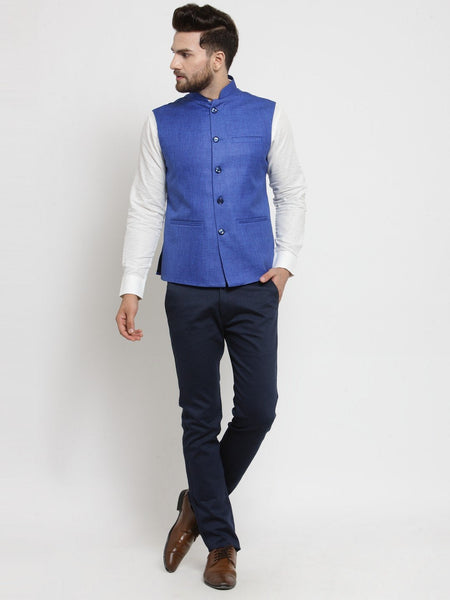 Men Blue Solid Nehru Jacket By Luxury at Less