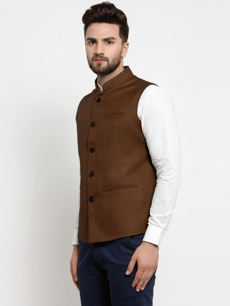 Men Caramel Solid Nehru Jacket By Luxury at Less