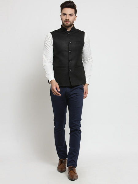 Men Black Solid Nehru Jacket By Luxury at Less