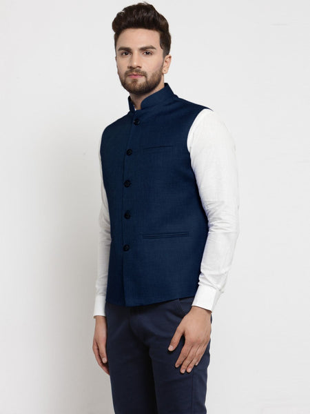 Men Dark Blue Solid Nehru Jacket By Luxury at Less