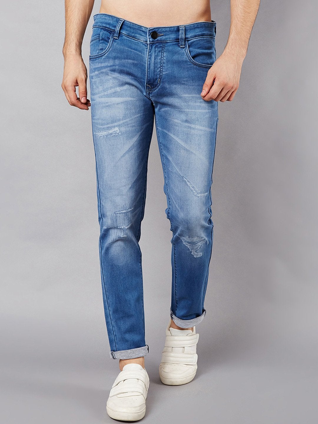 Men Blue Slim Fit Mid-Rise Low Distress Stretchable Jeans