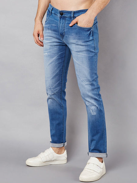 Men Blue Slim Fit Mid-Rise Low Distress Stretchable Jeans