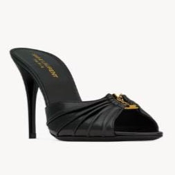 Ruched Open-Toe High-Heeled Mules with Gold Accent