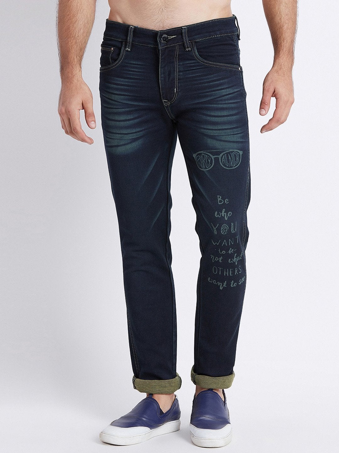 Men Navy Blue Slim Fit Mid-Rise Laser Washed Clean Look Stretchable Jeans