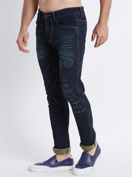 Men Navy Blue Slim Fit Mid-Rise Laser Washed Clean Look Stretchable Jeans