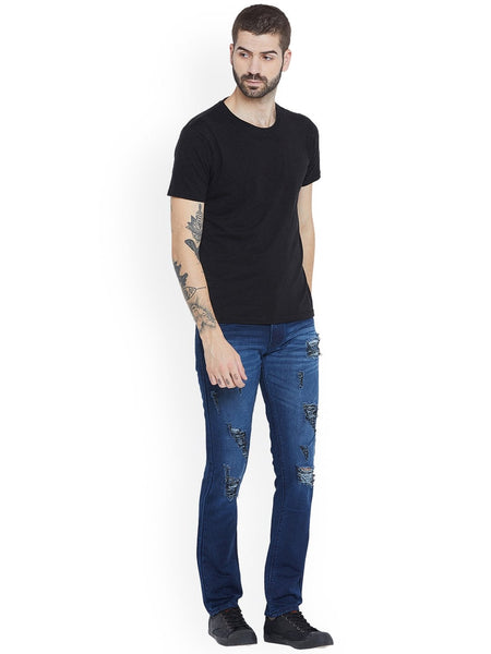 Men Navy Blue Slim Fit Mid-Rise Highly Distressed Stretchable Jeans