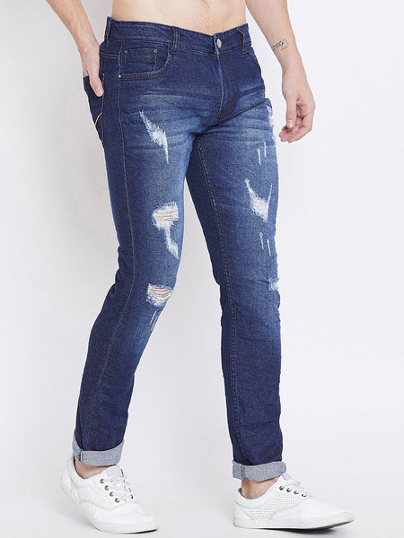 Men Blue Slim Fit Mid-Rise Mildly Distressed Stretchable Jeans