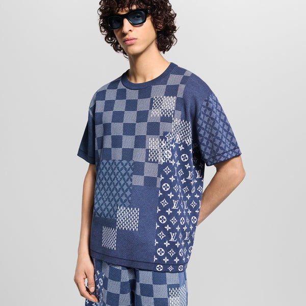 Luxury Blue Patchwork Knit Tee  Signature Monogram Edition