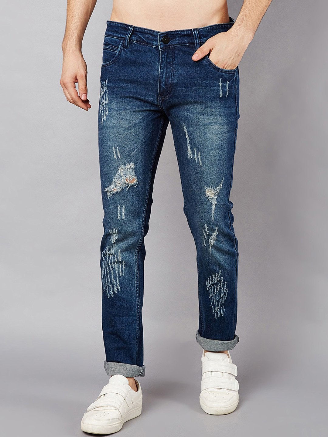 Men Blue Slim Fit Mid-Rise Low Distressed Stretchable Jeans