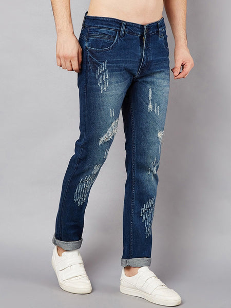 Men Blue Slim Fit Mid-Rise Low Distressed Stretchable Jeans