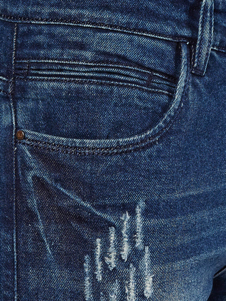 Men Blue Slim Fit Mid-Rise Low Distressed Stretchable Jeans