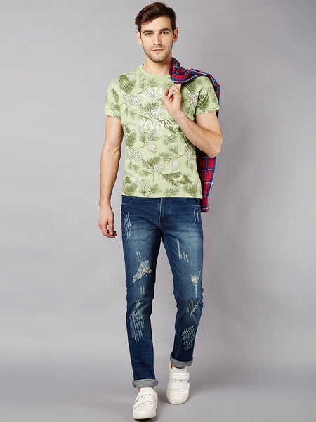 Men Blue Slim Fit Mid-Rise Low Distressed Stretchable Jeans