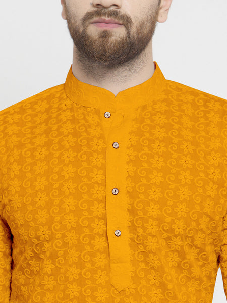 Mustard Yellow Cotton Chikankari Lucknowi Jaal Embroidered Kurta with Churidar Pajama For Men by Luxury at Less