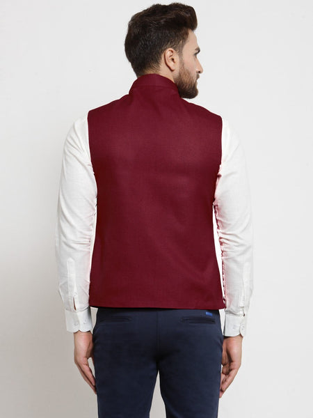Men Maroon Solid Nehru Jacket By Luxury at Less