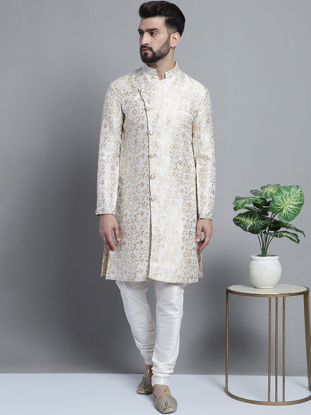 Designer White Golden Brocade Silk Sherwani Set by Luxury at Less