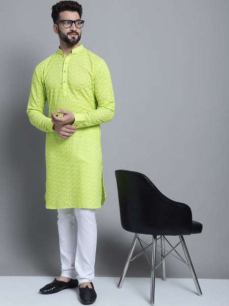 Lime Green Chikankari Embroidery Cotton Kurta Pajama Set by Luxury at Less