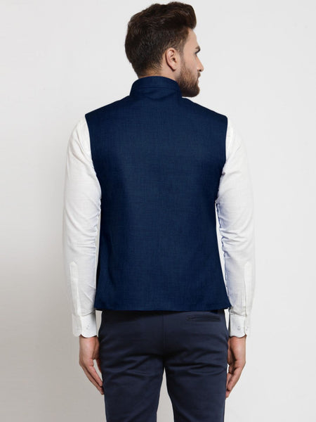 Men Dark Blue Solid Nehru Jacket By Luxury at Less