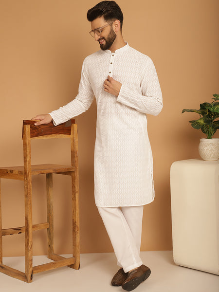 Designer White Chikankari Embroidered Kurta Pajama Set by Luxury at Less