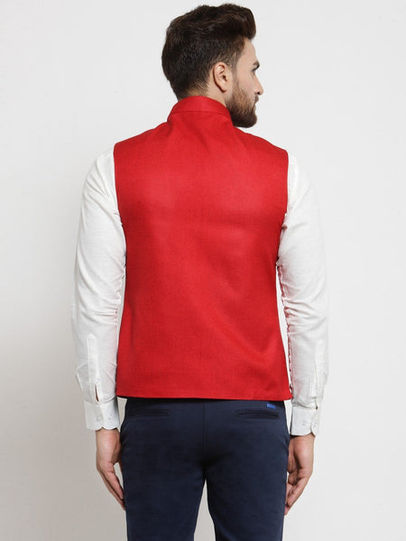 Men Red Solid Nehru Jacket By Luxury at Less